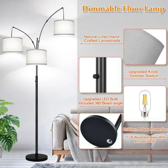 Alt view image 4 of 7 - Dimmable Floor Lamp, 3 Lights Arc Floor Lamps for Living Room, Modern Tall Standing Tree Lamp with Gray Linen Shade & Heavy Base, Large Floor Lamp for Bedroom Office, 3x1000 LM LED Bulbs Included