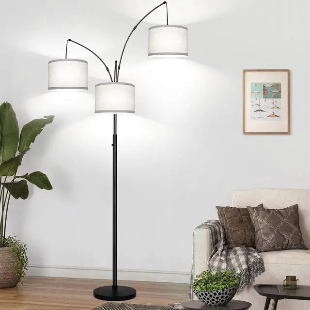 Alt view image 7 of 7 - Dimmable Floor Lamp, 3 Lights Arc Floor Lamps for Living Room, Modern Tall Standing Tree Lamp with Gray Linen Shade & Heavy Base, Large Floor Lamp for Bedroom Office, 3x1000 LM LED Bulbs Included