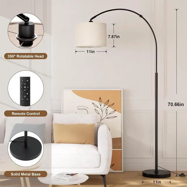 Alt view image 2 of 7 - Ambimall 70' Dimmable Arc Floor Lamp with Remote, Color Temperatures and Brightness Adjustable, Arched Floor Lamp with Rotating Head, Over Couch Arched Light for Living Room (Deep Beige and Black)