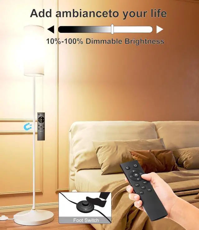 Alt view image 2 of 6 - luckystyle LED Floor Lamp for Living Room, Dimmable Standing Lamps with Foot Switch,Remote Custom Color Temperature White Pole Lamp with Lampshade,12W Led Bulb Tall Lamps for Bedroom Office Kid Room