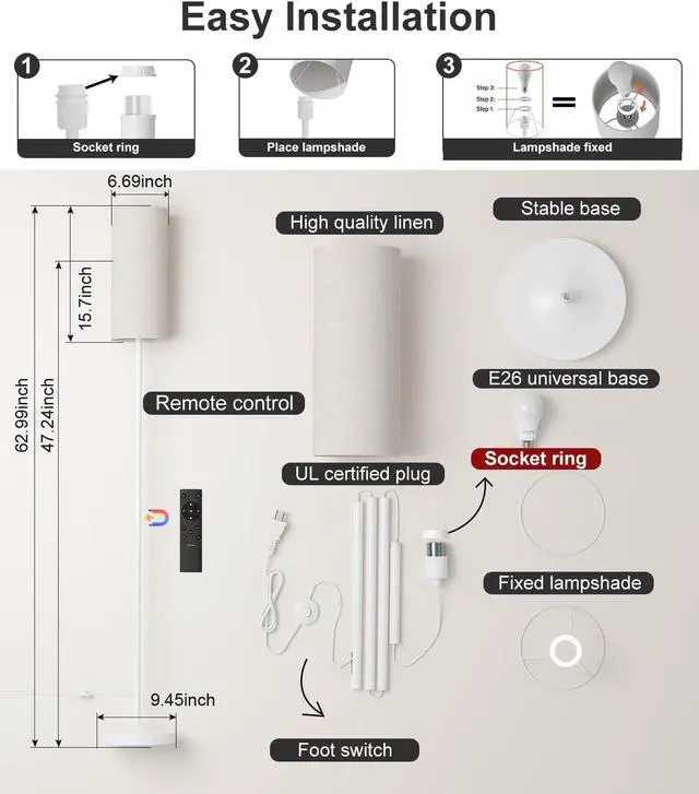 Alt view image 5 of 6 - luckystyle LED Floor Lamp for Living Room, Dimmable Standing Lamps with Foot Switch,Remote Custom Color Temperature White Pole Lamp with Lampshade,12W Led Bulb Tall Lamps for Bedroom Office Kid Room