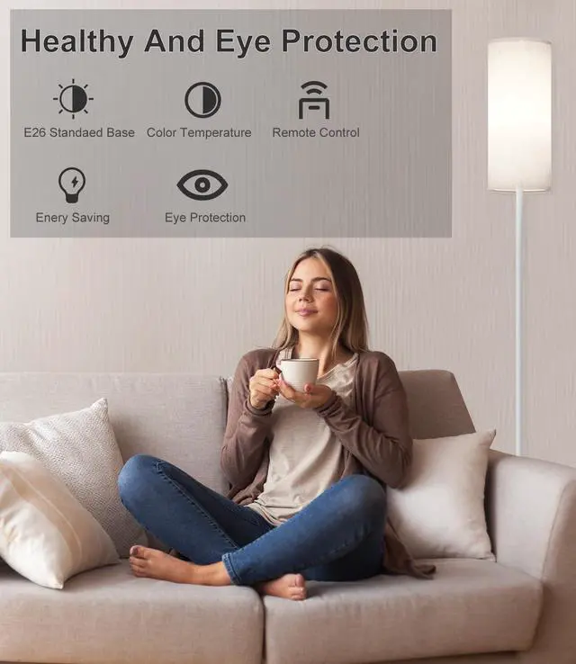 Alt view image 6 of 6 - luckystyle LED Floor Lamp for Living Room, Dimmable Standing Lamps with Foot Switch,Remote Custom Color Temperature White Pole Lamp with Lampshade,12W Led Bulb Tall Lamps for Bedroom Office Kid Room