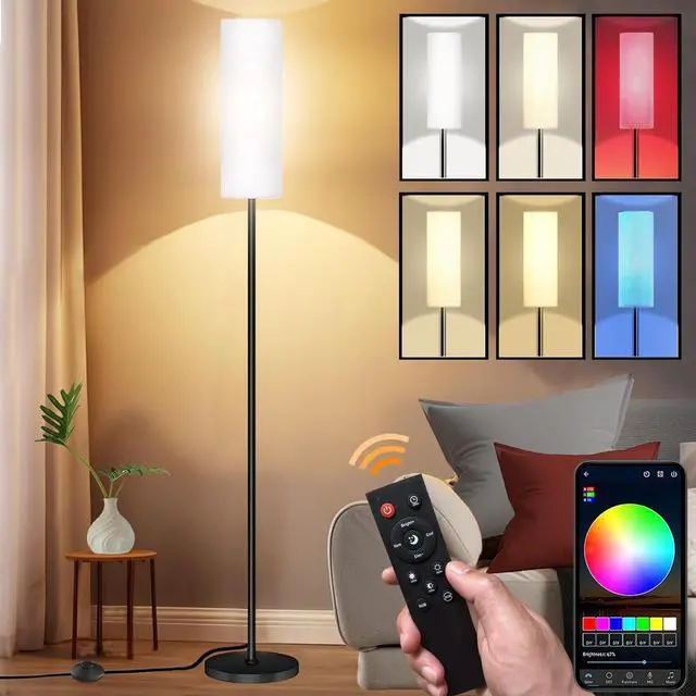 Main image of Smart LED Floor Lamp with APP Control & RGB Colors - Dimmable Standing Lamp for Living Room, Bedroom, Gaming - Remote, Timer, 9W Bulb Included, 67" Modern Tall Lamp (White)