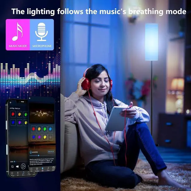 Alt view image 5 of 7 - Smart LED Floor Lamp with APP Control & RGB Colors - Dimmable Standing Lamp for Living Room, Bedroom, Gaming - Remote, Timer, 9W Bulb Included, 67" Modern Tall Lamp (White)