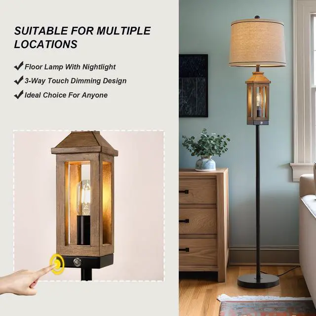 Alt view image 2 of 7 - 63" Farmhouse Floor Lamps for Living Room Bedside Nightstand Lamp Black Tall Standing Lamp for Home Decor Bedroom Reading Wood Lamp Rustic Bed Lights with 2 Light Sources