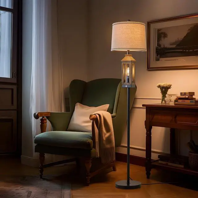 Alt view image 6 of 7 - 63" Farmhouse Floor Lamps for Living Room Bedside Nightstand Lamp Black Tall Standing Lamp for Home Decor Bedroom Reading Wood Lamp Rustic Bed Lights with 2 Light Sources