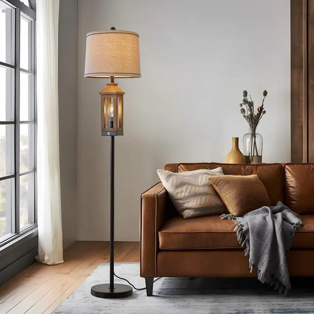 Alt view image 4 of 7 - 63" Farmhouse Floor Lamps for Living Room Bedside Nightstand Lamp Black Tall Standing Lamp for Home Decor Bedroom Reading Wood Lamp Rustic Bed Lights with 2 Light Sources