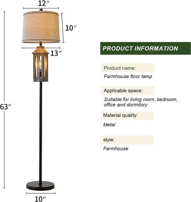 Alt view image 7 of 7 - 63" Farmhouse Floor Lamps for Living Room Bedside Nightstand Lamp Black Tall Standing Lamp for Home Decor Bedroom Reading Wood Lamp Rustic Bed Lights with 2 Light Sources