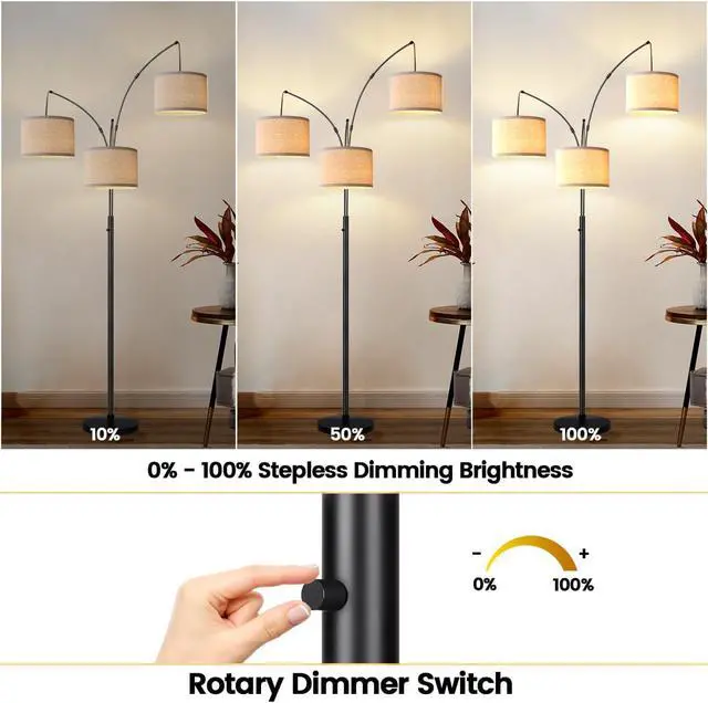 Alt view image 3 of 7 - Dimmable Floor Lamp - 3 Lights Arc Floor Lamps for Living Room, 1000LM Modern Tall Standing Lamp With Beige Shades & Heavy Base, Mid Century Tree Floor Lamp for Bedroom Office, 3 LED Bulbs Included