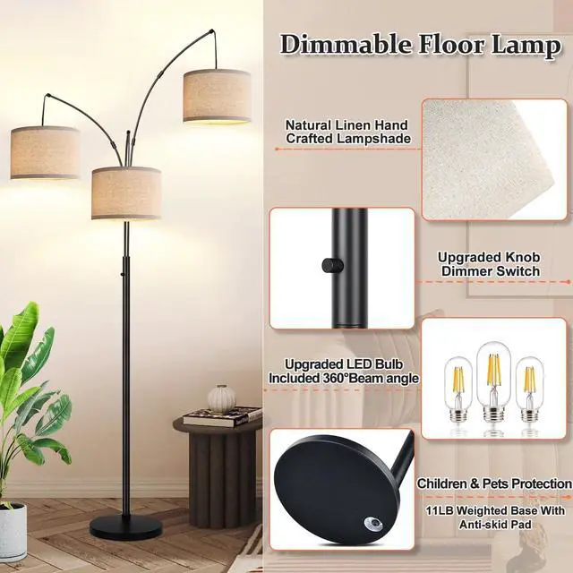 Alt view image 4 of 7 - Dimmable Floor Lamp - 3 Lights Arc Floor Lamps for Living Room, 1000LM Modern Tall Standing Lamp With Beige Shades & Heavy Base, Mid Century Tree Floor Lamp for Bedroom Office, 3 LED Bulbs Included