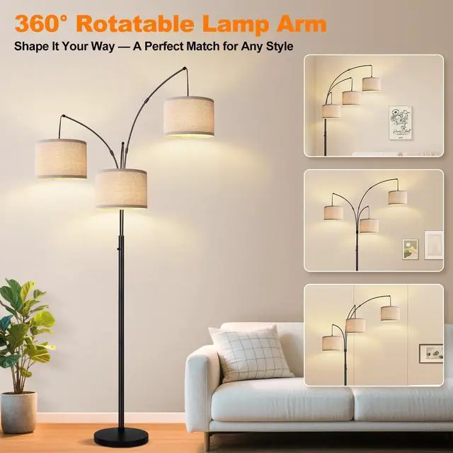 Alt view image 5 of 7 - Dimmable Floor Lamp - 3 Lights Arc Floor Lamps for Living Room, 1000LM Modern Tall Standing Lamp With Beige Shades & Heavy Base, Mid Century Tree Floor Lamp for Bedroom Office, 3 LED Bulbs Included