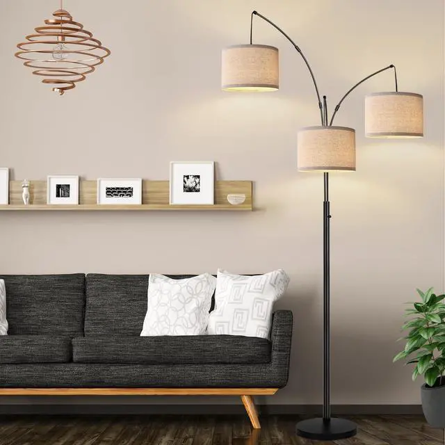 Alt view image 7 of 7 - Dimmable Floor Lamp - 3 Lights Arc Floor Lamps for Living Room, 1000LM Modern Tall Standing Lamp With Beige Shades & Heavy Base, Mid Century Tree Floor Lamp for Bedroom Office, 3 LED Bulbs Included