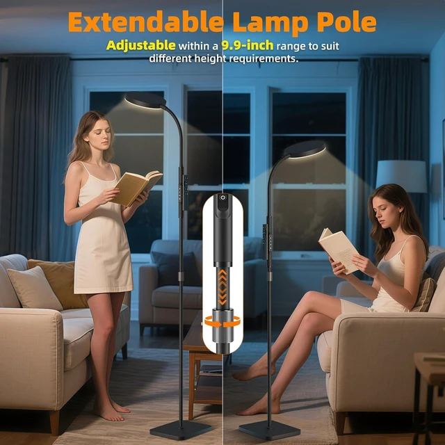 Alt view image 2 of 7 - Adjustable Height Floor Lamp with 120 LED Super Bright Gooseneck Remote & Touch Control Dimmable Standing Reading Lamp for Living Room, Bedroom & Office (Black)