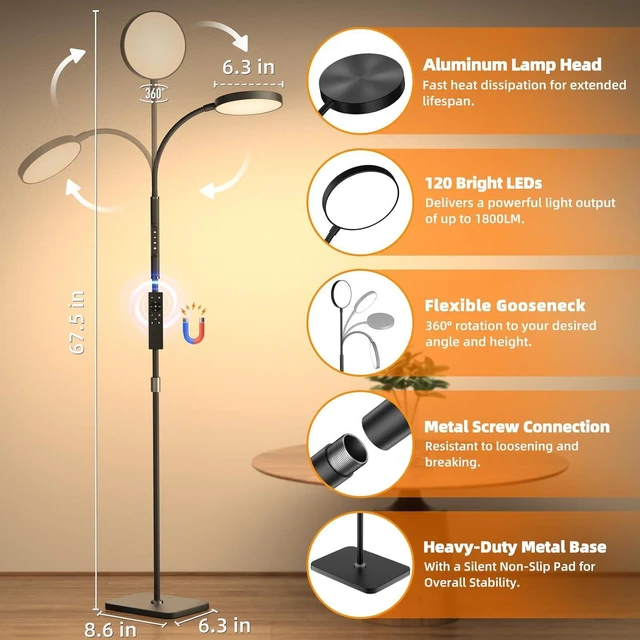 Alt view image 5 of 7 - Adjustable Height Floor Lamp with 120 LED Super Bright Gooseneck Remote & Touch Control Dimmable Standing Reading Lamp for Living Room, Bedroom & Office (Black)
