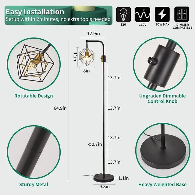 Alt view image 3 of 7 - Dimmable Farmhouse Floor Lamp for Living Room, 1 Light Rustic Standing Tall Lamp, Modern Bright Floor Lamp, Industrial Standing Lamp for Bedroom, Tall Pole Lamps Office, LED Bulbs Included.