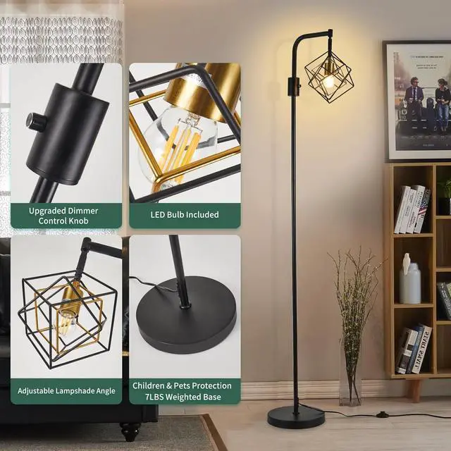 Alt view image 4 of 7 - Dimmable Farmhouse Floor Lamp for Living Room, 1 Light Rustic Standing Tall Lamp, Modern Bright Floor Lamp, Industrial Standing Lamp for Bedroom, Tall Pole Lamps Office, LED Bulbs Included.