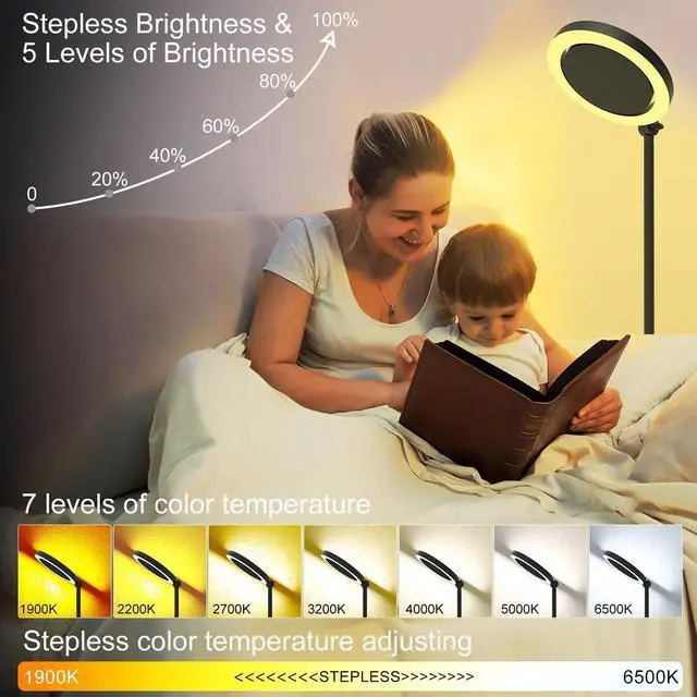 Alt view image 5 of 6 - 36W Bright LED Floor Lamp for Living Room with Remote, 75.5 Inch Tall Stepless Dimmable Standing Lamp for Office, Torchiere Floor Lamp with 2 Rotatable Lights 1900K-6500K for Bedroom