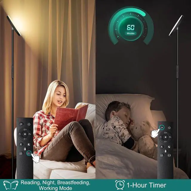 Alt view image 6 of 6 - Floor Lamp, Upgraded 40W 4000LM Super Bright Torchiere LED Floor Lamps for Living Room, Stepless Dimmable Color Temperature 2700K-6500K with Remote & Touch Control, Standing Light for Bedroom Office
