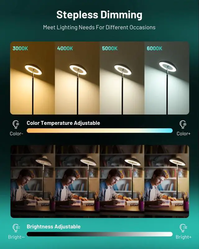 Alt view image 5 of 7 - LED Floor Lamp with RGB Star Projector & Remote, Stepless 3000-6000K Color Changing Standing Lamp, Dimmable Black Corner Lamp, 15W Modern 69" Tall Light for Bedroom, Kids Room, Living Room