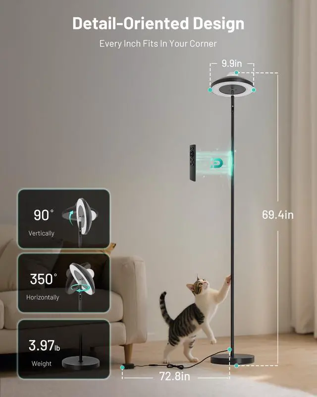 Alt view image 6 of 7 - LED Floor Lamp with RGB Star Projector & Remote, Stepless 3000-6000K Color Changing Standing Lamp, Dimmable Black Corner Lamp, 15W Modern 69" Tall Light for Bedroom, Kids Room, Living Room