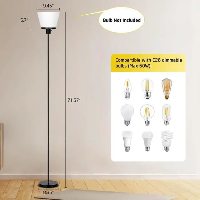 Alt view image 4 of 7 - LED Floor Lamp Tall Standing Lamp, Black Modern Torchiere Floor Lamps for Bedroom Living Room Office, Bright Floor Lamp with White Plastic Shade, Bulb Not Included.