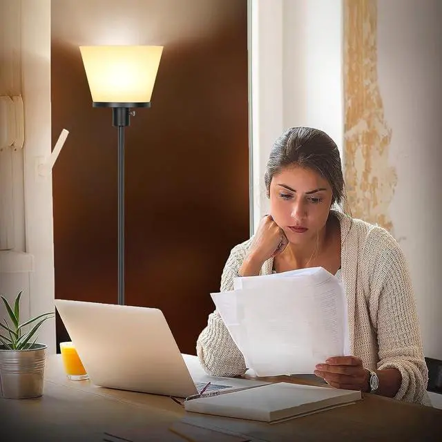 Alt view image 5 of 7 - LED Floor Lamp Tall Standing Lamp, Black Modern Torchiere Floor Lamps for Bedroom Living Room Office, Bright Floor Lamp with White Plastic Shade, Bulb Not Included.