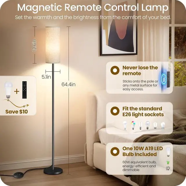Alt view image 3 of 7 - 64.4 Dimmable Floor Lamp for Living Room with Remote and Foot Switch, Modern Standing Tall Lamp, Corner Floor Lamp for Bedroom, 10W 900LM LED Bulb Included, 3000K-6500K, Beige, FCC Listed E06LD05W1