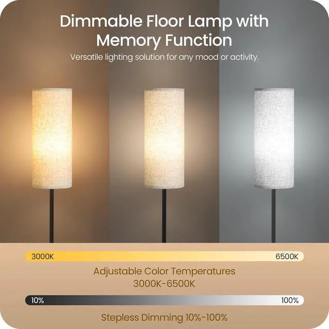 Alt view image 5 of 7 - 64.4 Dimmable Floor Lamp for Living Room with Remote and Foot Switch, Modern Standing Tall Lamp, Corner Floor Lamp for Bedroom, 10W 900LM LED Bulb Included, 3000K-6500K, Beige, FCC Listed E06LD05W1