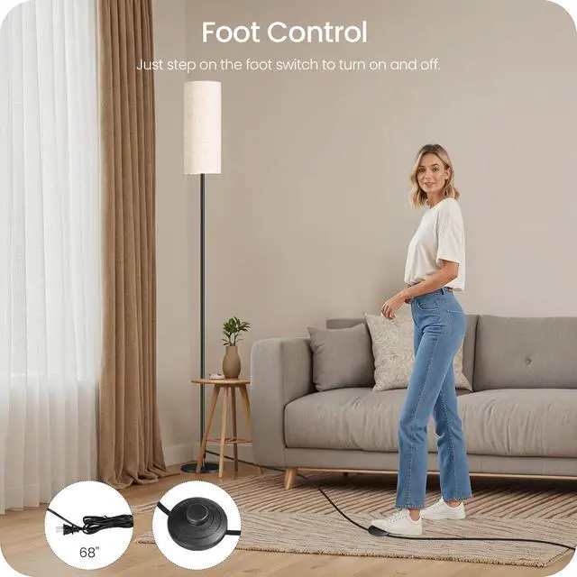 Alt view image 6 of 7 - 64.4 Dimmable Floor Lamp for Living Room with Remote and Foot Switch, Modern Standing Tall Lamp, Corner Floor Lamp for Bedroom, 10W 900LM LED Bulb Included, 3000K-6500K, Beige, FCC Listed E06LD05W1