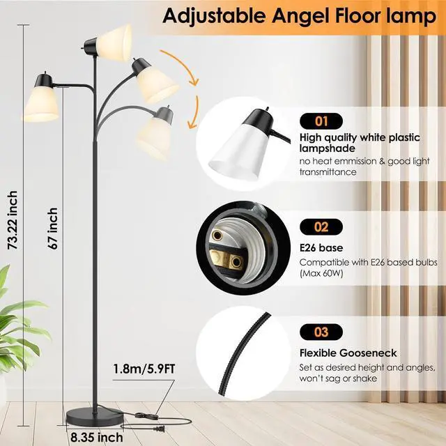 Alt view image 3 of 7 - Floor Lamp for Living Room, Adjustable Gooseneck Standing Lamp with White Plastic Shade, Black Reading Floor Lamps for Dorm, Bulb not Included
