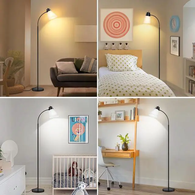 Alt view image 5 of 7 - Floor Lamp for Living Room, Adjustable Gooseneck Standing Lamp with White Plastic Shade, Black Reading Floor Lamps for Dorm, Bulb not Included