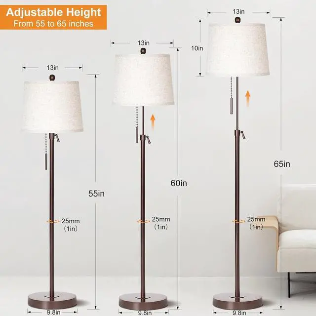 Alt view image 3 of 7 - Modern Floor Lamp Adjustable Height Standing Lamp Tall Lamp with 3 Color Temperatures Floor Lamps for Living Room Bedroom Office Beige Shade Bulb Included-Brown
