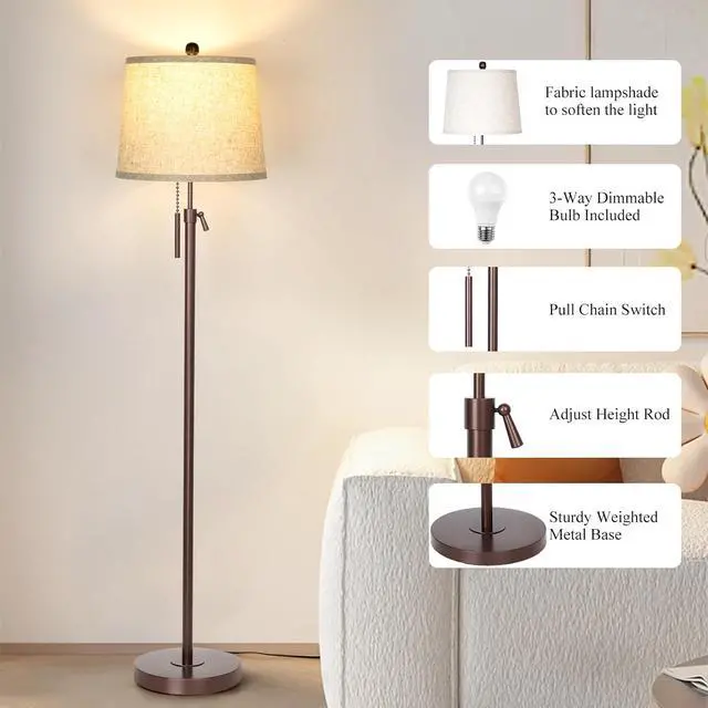 Alt view image 4 of 7 - Modern Floor Lamp Adjustable Height Standing Lamp Tall Lamp with 3 Color Temperatures Floor Lamps for Living Room Bedroom Office Beige Shade Bulb Included-Brown