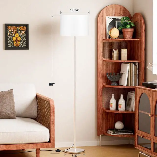 Alt view image 2 of 7 - Ambimall 60'' Modern Floor Lamp with Shade, Tall Lamps for Living Room, Bedroom, Office, Dining Room, White Shade with Silver Pole(Without Bulb)