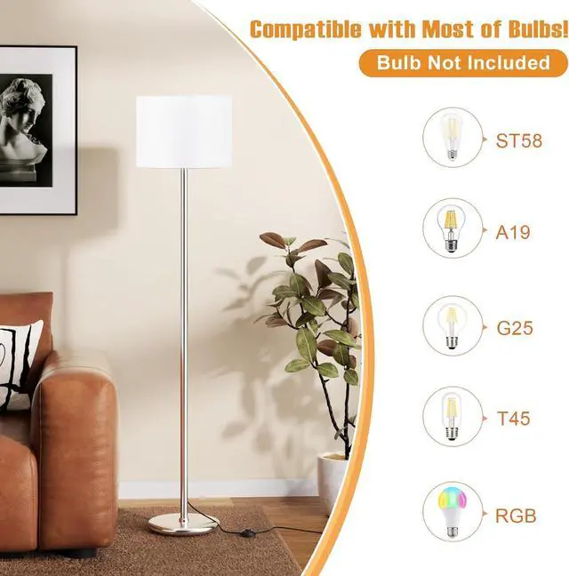 Alt view image 3 of 7 - Ambimall 60'' Modern Floor Lamp with Shade, Tall Lamps for Living Room, Bedroom, Office, Dining Room, White Shade with Silver Pole(Without Bulb)