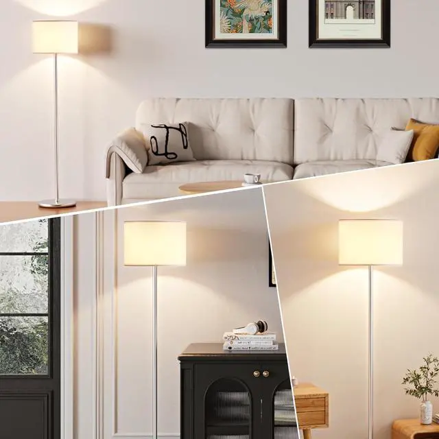 Alt view image 6 of 7 - Ambimall 60'' Modern Floor Lamp with Shade, Tall Lamps for Living Room, Bedroom, Office, Dining Room, White Shade with Silver Pole(Without Bulb)