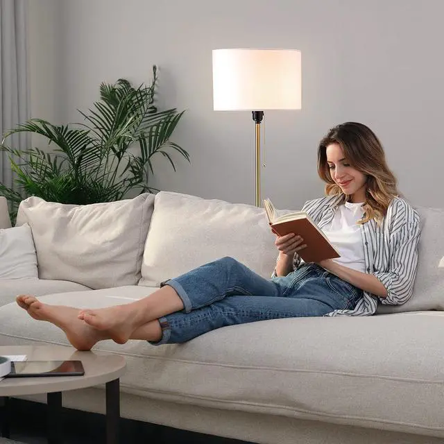 Alt view image 5 of 7 - OBright Ted - Drum Shade Standing Lamp, Pull Chain Switch, E26 Socket, Modern Minimalist Design, Simple Floor Lamp for Living Room, Bedroom, Office, Antique Brass