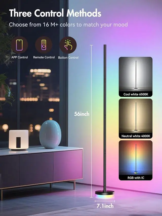 Alt view image 2 of 7 - Corner Floor Lamp 2 Pack,RGBICW LED Corner Lamp with 1300lm Smart Modern Floor Lamp,App & Remote Control,Music Sync,Color Changing Standing Lamp for Bedroom Living Room and Gaming Rooms