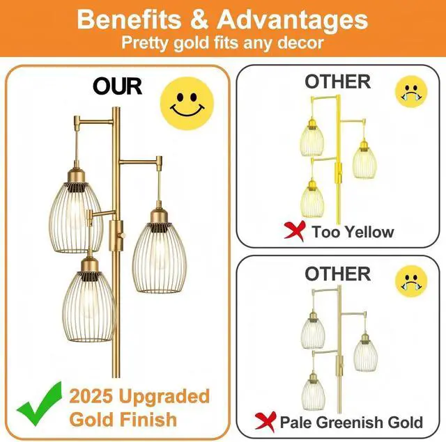 Alt view image 3 of 7 - Torondo Dimmable Floor Lamp, Industrial Floor Lamps for Living Room, Gold Tree Lamp Standing Lamp Tall Lamps with 3 Elegant Teardrop Cage Head & 800 Lumens LED Bulbs for Living Room Bedroom Office