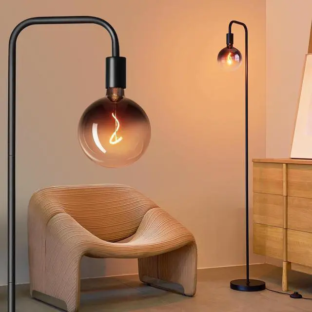 Main image of ONEWISH Floor Lamp for Living Room - Minimalist Industrial Standing Lamp with Modern LED Bulb, Globe Black Clear Glass 6", 1800K Warm Ambiant Lighting Decorative Tall Floor Lamp for Bedroom Office