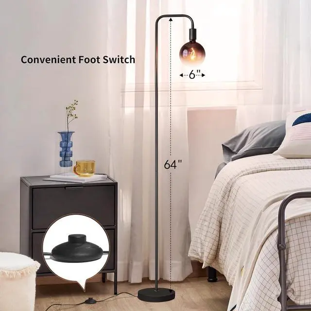 Alt view image 5 of 7 - ONEWISH Floor Lamp for Living Room - Minimalist Industrial Standing Lamp with Modern LED Bulb, Globe Black Clear Glass 6", 1800K Warm Ambiant Lighting Decorative Tall Floor Lamp for Bedroom Office