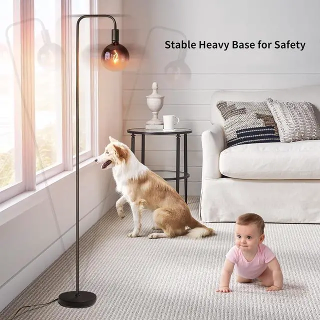 Alt view image 7 of 7 - ONEWISH Floor Lamp for Living Room - Minimalist Industrial Standing Lamp with Modern LED Bulb, Globe Black Clear Glass 6", 1800K Warm Ambiant Lighting Decorative Tall Floor Lamp for Bedroom Office