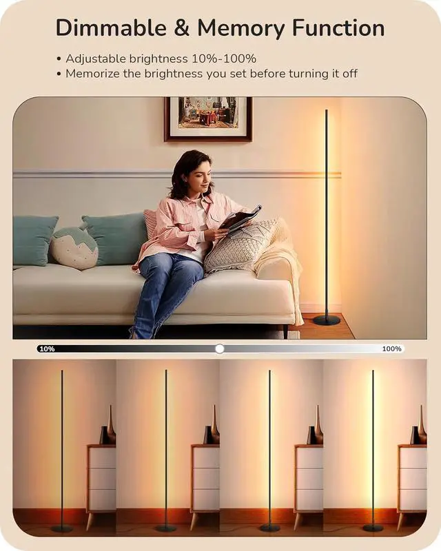 Alt view image 2 of 7 - EDISHINE LED Corner Floor Lamp, 57.5" Minimalist Dimmable Sleek Light, Adjustable Height, Standing Tall Floor Lamps for Living Room, Bedroom, Office, 3000K Warm White Light, Black