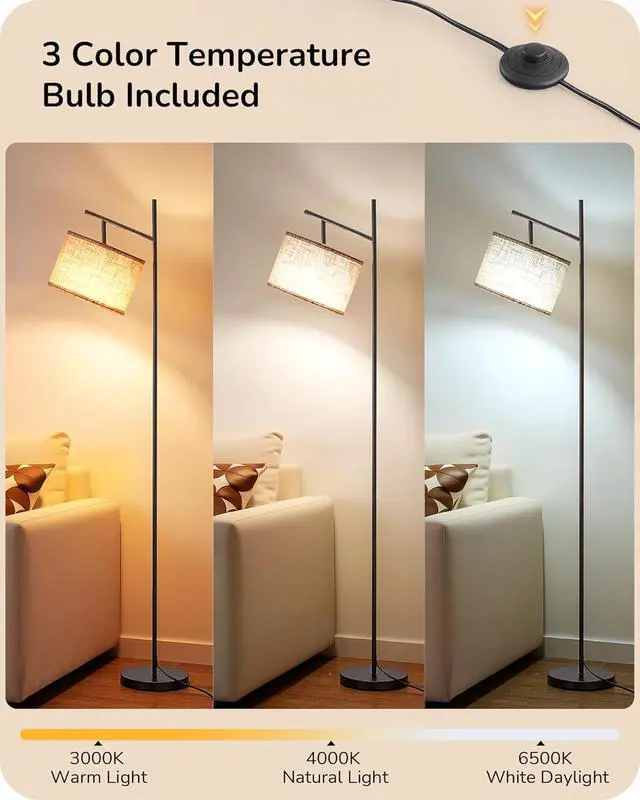 Alt view image 2 of 7 - EDISHINE Modern Floor Lamps for Living Room, 64.7" Minimalist Standing Lamp with 3 Color Temperatures Bulb & Adjustable Linen Shade, Foot Pedal Switch, Arc Tall Lamp for Bedroom Office, Black