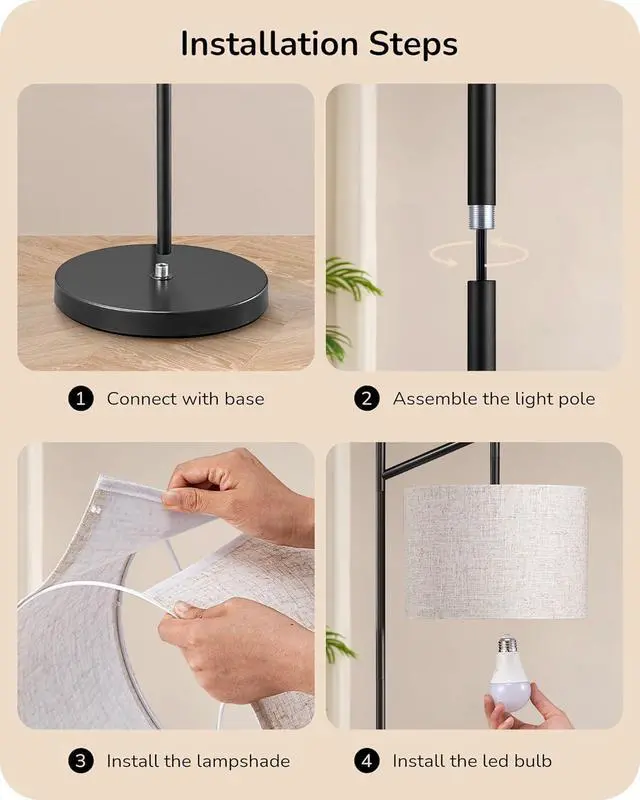 Alt view image 7 of 7 - EDISHINE Modern Floor Lamps for Living Room, 64.7" Minimalist Standing Lamp with 3 Color Temperatures Bulb & Adjustable Linen Shade, Foot Pedal Switch, Arc Tall Lamp for Bedroom Office, Black