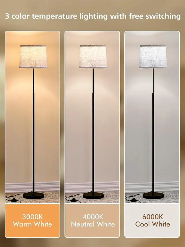 Alt view image 2 of 7 - 60" Modern Floor Lamp for Living Room Bedroom, Standing Lamp with Oatmeal Linen Lampshade, Tall Lamp with A19 9W 3 Color Temperature Bulb, Foot Switch Control, Black