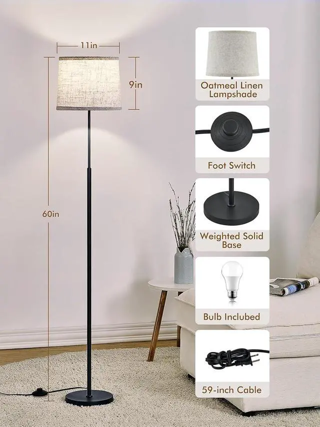 Alt view image 3 of 7 - 60" Modern Floor Lamp for Living Room Bedroom, Standing Lamp with Oatmeal Linen Lampshade, Tall Lamp with A19 9W 3 Color Temperature Bulb, Foot Switch Control, Black
