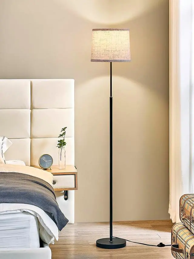 Alt view image 4 of 7 - 60" Modern Floor Lamp for Living Room Bedroom, Standing Lamp with Oatmeal Linen Lampshade, Tall Lamp with A19 9W 3 Color Temperature Bulb, Foot Switch Control, Black
