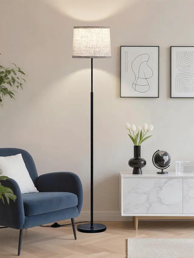 Alt view image 5 of 7 - 60" Modern Floor Lamp for Living Room Bedroom, Standing Lamp with Oatmeal Linen Lampshade, Tall Lamp with A19 9W 3 Color Temperature Bulb, Foot Switch Control, Black