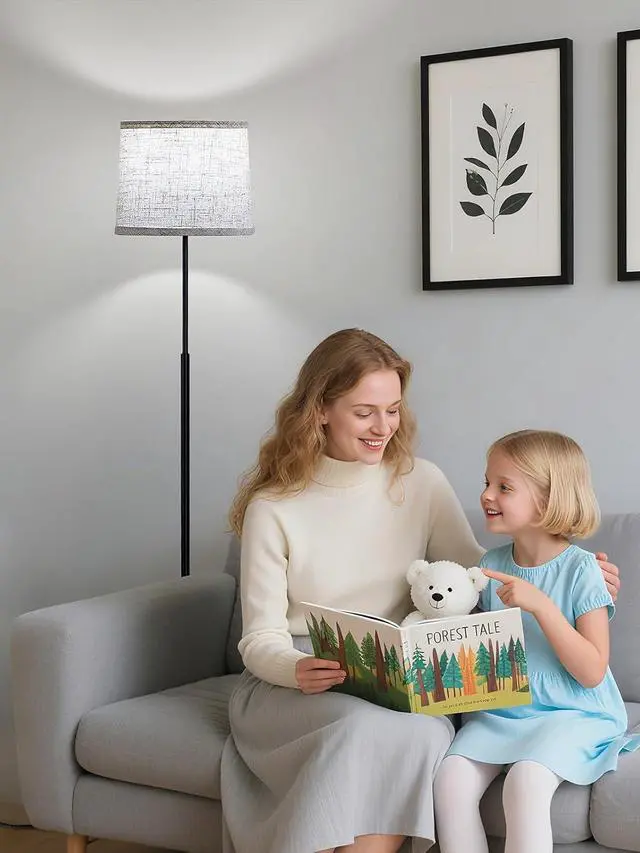 Alt view image 6 of 7 - 60" Modern Floor Lamp for Living Room Bedroom, Standing Lamp with Oatmeal Linen Lampshade, Tall Lamp with A19 9W 3 Color Temperature Bulb, Foot Switch Control, Black